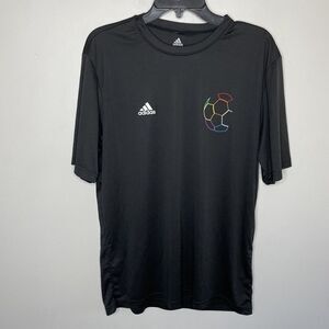 ADIDAS Mens Black Soccer Performance Graphic Tee Sz L FIRST NEVER FOLLOWS